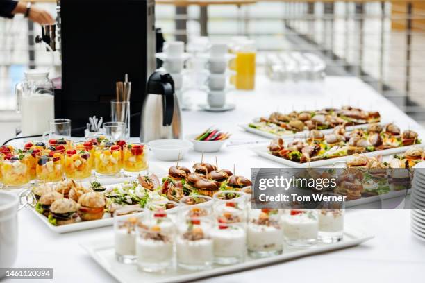 food and drink on display at business conference - nahrungsmittelindustrie stock-fotos und bilder
