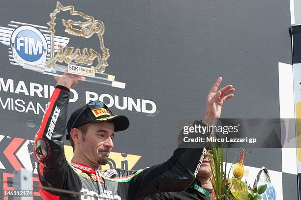 Max Biaggi of Italy and Aprilia Racing Team celebrates the victory on the podium at the end of the Race 2 of the round 7' of the 2012 Superbike FIM...
