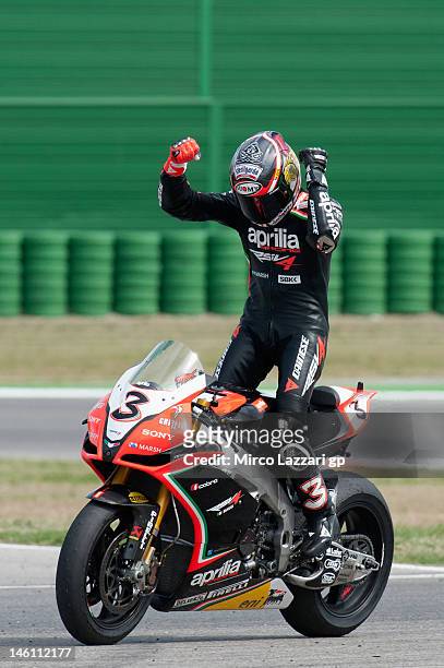 Max Biaggi of Italy and Aprilia Racing Team celebrates the victory at the end of the Race 2 of the round 7' of the 2012 Superbike FIM World...