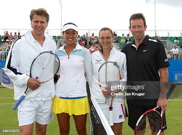 Andrew Castle, Anne Keothavong, Leyla Ogen and Jeremy Bates pose during an exhibition match ahead of the AEGON Classic at Edgbaston Priory Club on...