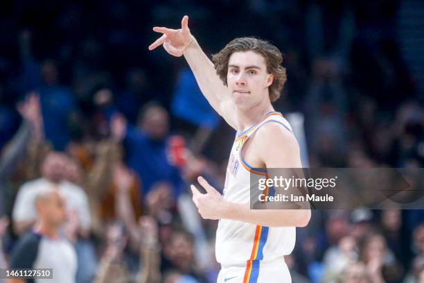 Josh Giddey of the Oklahoma City Thunder reacts after making a three point basket during the fourth quarter against the Golden State Warriors at...