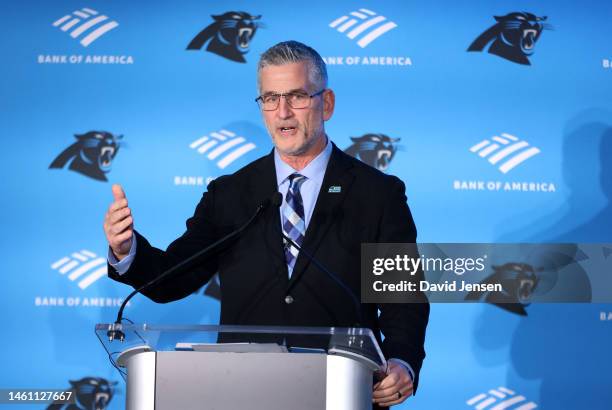 Frank Reich speaks with the media during the Carolina Panthers head coach announcement at Bank of America Stadium on January 31, 2023 in Charlotte,...