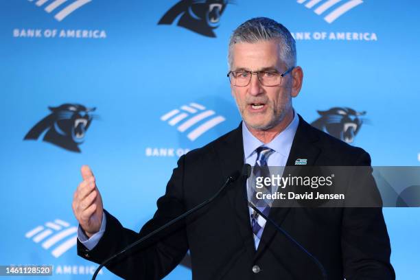 Frank Reich speaks with the media during the Carolina Panthers head coach introduction at Bank of America Stadium on January 31, 2023 in Charlotte,...