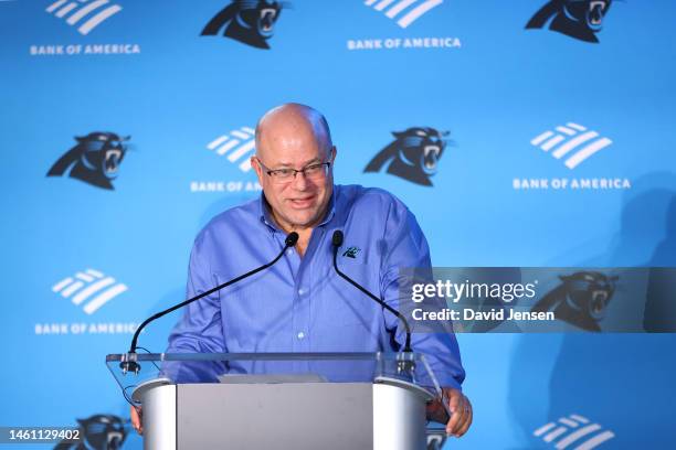 Carolina Panthers owner David Tepper speaks during the Carolina Panthers head coach introduction at Bank of America Stadium on January 31, 2023 in...