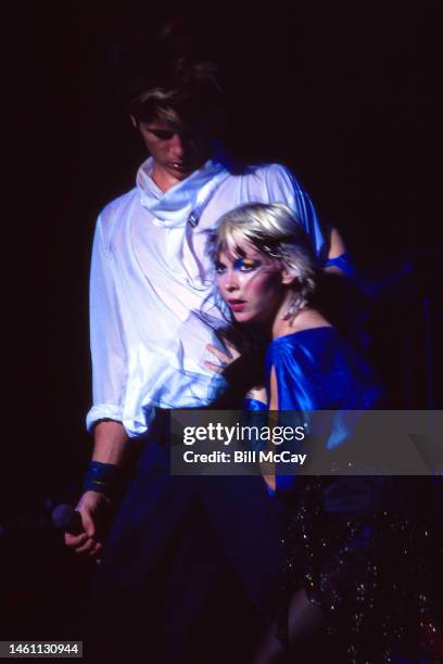 John Crawford and Terri Nunn of the band Berlin perform in concert at the Mann Music Center August 15, 1984 in Philadelphia, Pennsylvania