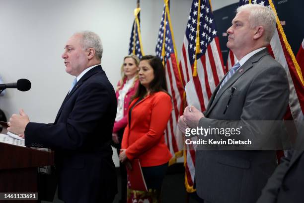 House Majority Leader Steve Scalise speaks to reporters following a House Republican caucus meeting at the U.S. Capitol on January 31, 2023 in...