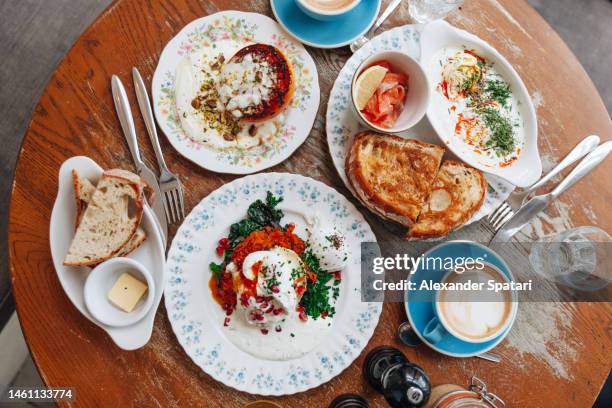 brunch on the table at the restaurant, high angle view - nut butter stock pictures, royalty-free photos & images