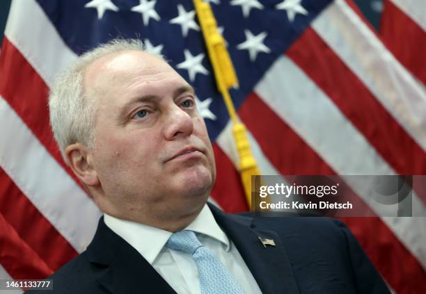House Majority Leader Steve Scalise speaks to reporters following a House Republican caucus meeting at the U.S. Capitol on January 31, 2023 in...