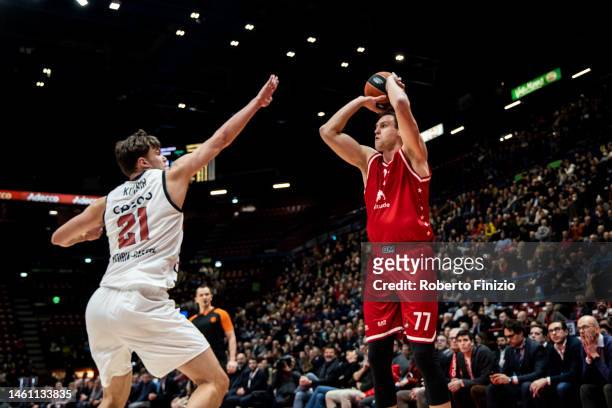 Maik Kotsar of Cazoo Baskonia Vitoria-Gasteiz and Johannes Voigtmann of EA7 Emporio Armani Milan in action during the 2022-23 Turkish Airlines...