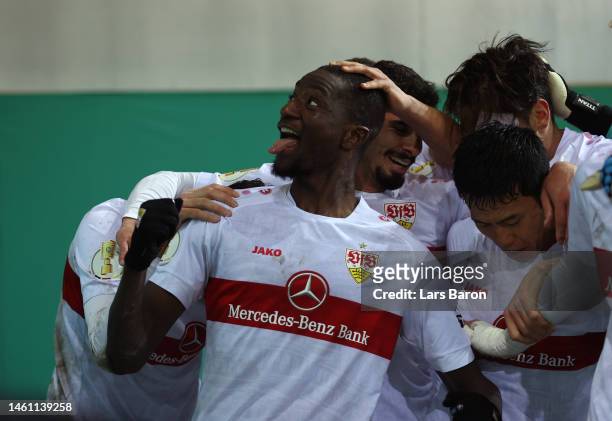 Serhou Guirassy of Stuttgart celebrates scoring his team's winning goal during the DFB Cup round of 16 match between SC Paderborn 07 and VfB...