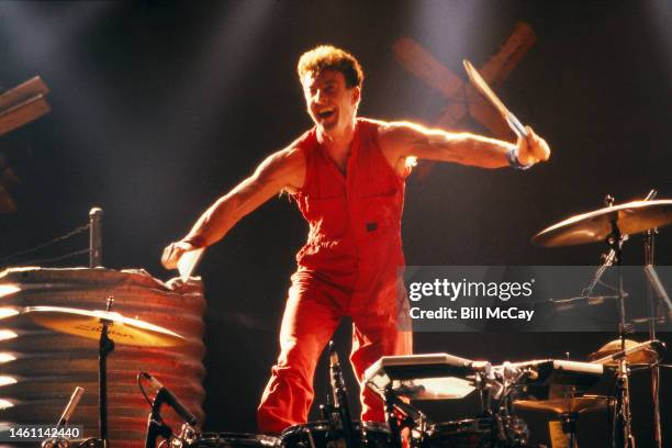 Rob Hirst of the band Midnight Oil performs in concert at The Tower Theater June 10, 1988 in Philadelphia, Pennsylvania