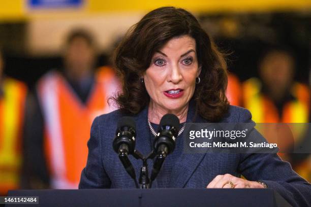 New York Gov. Kathy Hochul gives a speech on the Hudson River tunnel project at the West Side Yard on January 31, 2023 in New York City. President...