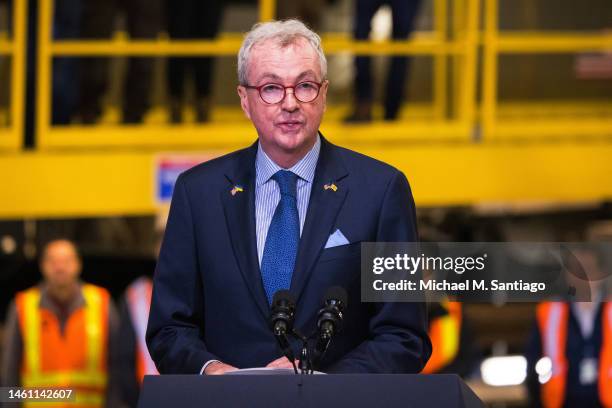 New Jersey Gov. Phil Murphy gives a speech on the Hudson River tunnel project at the West Side Yard on January 31, 2023 in New York City. President...