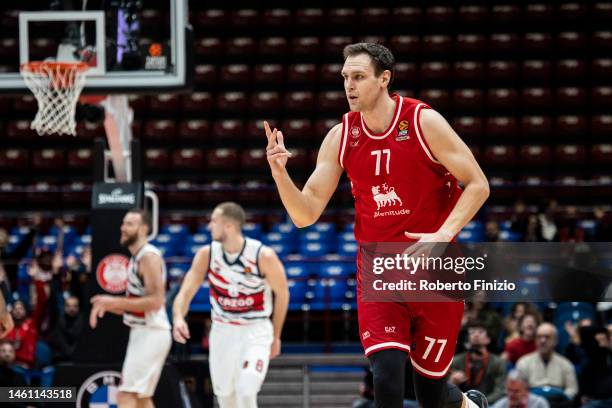 Johannes Voigtmann of EA7 Emporio Armani Milan celebretes iduring the 2022-23 Turkish Airlines EuroLeague Regular Season Round 22 game between EA7...