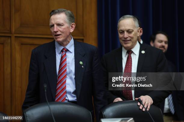 Rep. Paul Gosar and Rep. Andy Biggs arrives for a House Oversight and Reform Committee meeting in the Rayburn House Office Building on January 31,...