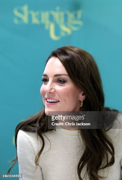 Catherine, Princess of Wales chats with students on the Childhood Studies BA at the University of Leeds on January 31, 2023 in Leeds, England. The...