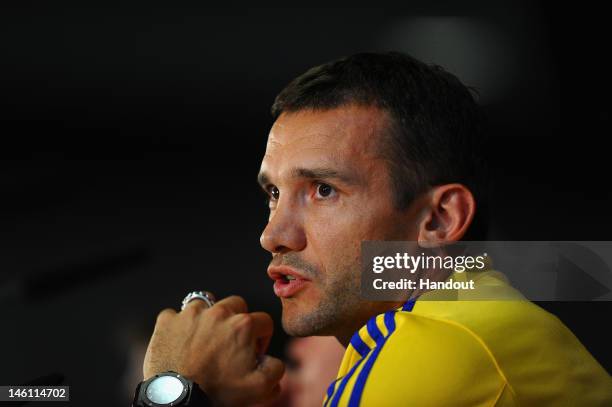 In this handout image provided by UEFA, Andriy Shevckenko of Ukraine faces the media during a UEFA EURO 2012 press conference on June 10, 2012 in...