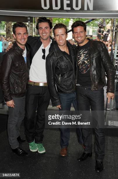 Jules Knight, Ollie Baines, Stephen Bowman and Humphrey Berney of Blake attend the European Premiere of 'Rock Of Ages' at Odeon Leicester Square on...