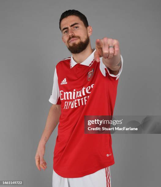 Arsenal unveil new signing Jorginho at London Colney on January 31, 2023 in St Albans, England.