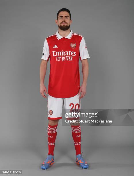 Arsenal unveil new signing Jorginho at London Colney on January 31, 2023 in St Albans, England.