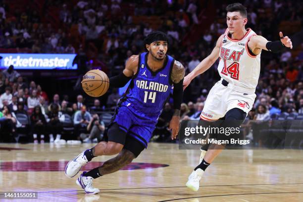 Gary Harris of the Orlando Magic in action against the Miami Heat during the first quarter at Miami-Dade Arena on January 27, 2023 in Miami, Florida....