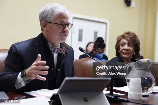 Rep. Patrick McHenry speaks as Rep. Maxine Waters listens during a hearing before the House Committee on Rules January 31, 2023 in Washington, DC....