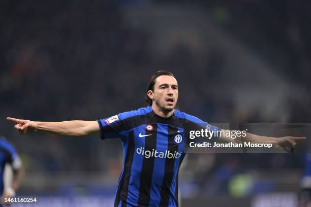 Matteo Darmian of FC Internazionale celebrates after scoring to give the side a 1-0 lead during the Coppa Italia Quarter Final match between FC...