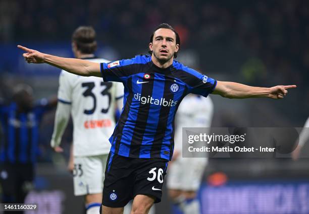 Matteo Darmian of FC Internazionale celebrates after scoring the goal during the Coppa Italia Quarter Final matcy between FC Internazionale and...