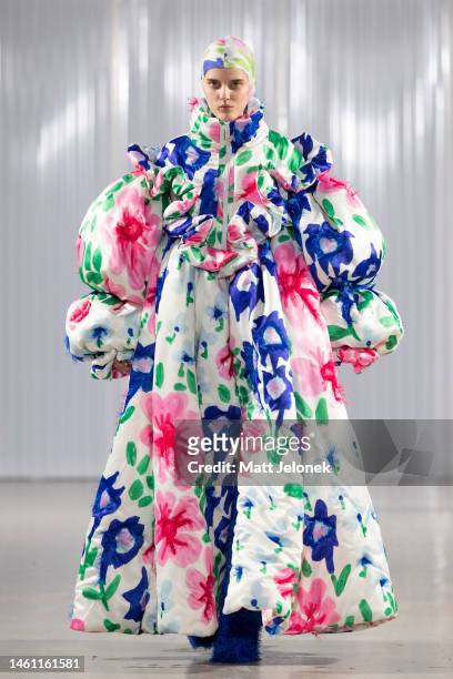 Model wears a design by Sasha Heinsaar at the ALPHA show during Copenhagen Fashion Week Autumn/Winter 2023 on January 31, 2023 in Copenhagen, Denmark.