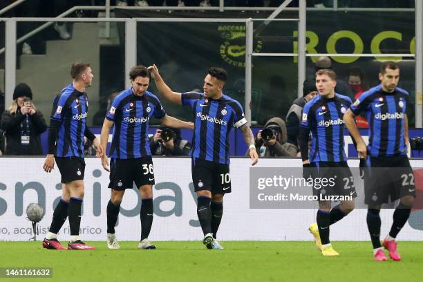 Matteo Darmian of FC Internazionale celebrates with teammates after scoring the team's first goal during the Coppa Italia Quarter Final match between...