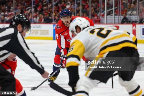 Alex Ovechkin of the Washington Capitals gets set for a face-off during a game against the Pittsburgh Penguins at Capital One Arena on January 26,...