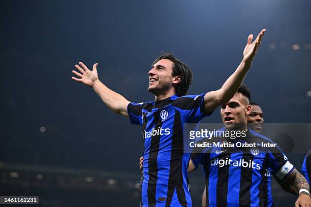 Matteo Darmian of FC Internazionale celebrates after scoring the goal during the Coppa Italia Quarter Final matcy between FC Internazionale and...