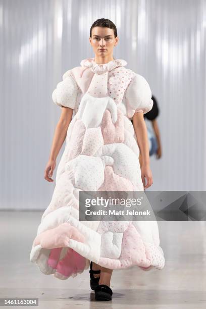 Model wears a design by Hedvig Ljungstrom at the ALPHA show during Copenhagen Fashion Week Autumn/Winter 2023 on January 31, 2023 in Copenhagen,...