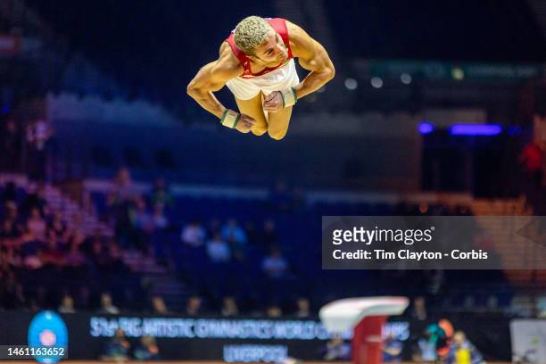 October 31: David Huddleston of Bulgaria performs his floor routine during Men's qualifications at the World Gymnastics Championships-Liverpool 2022...