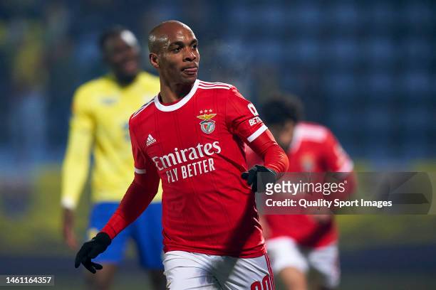 Joao Mario of SL Benfica celebrates after scoring his team's first goal during the Liga Portugal Bwin match between FC Arouca and SL Benfica at...