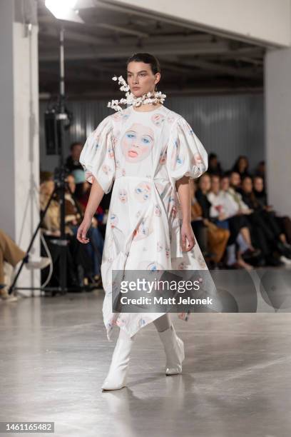 Model wears a design by Julie Lundgaard Christophersen at the ALPHA show during Copenhagen Fashion Week Autumn/Winter 2023 on January 31, 2023 in...