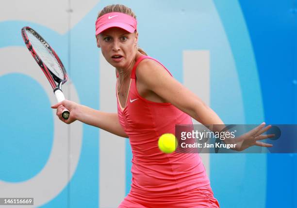 Naomi Broady of Great Britain hits a forehand during the qualifying round ahead of the AEGON Classic at Edgbaston Priory Club on June 9, 2012 in...
