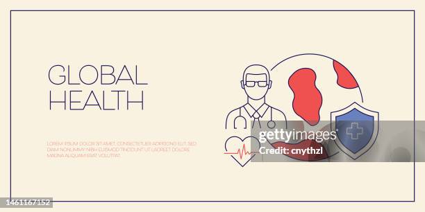 stockillustraties, clipart, cartoons en iconen met global health related design with line icons. healthcare, doctor, patient, care. - wereldwijde gezondheid