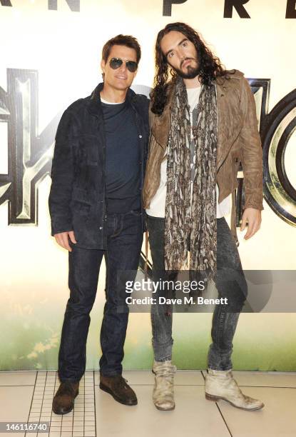 Actors Tom Cruise and Russell Brand attend the European Premiere of 'Rock Of Ages' at Odeon Leicester Square on June 10, 2012 in London, England.