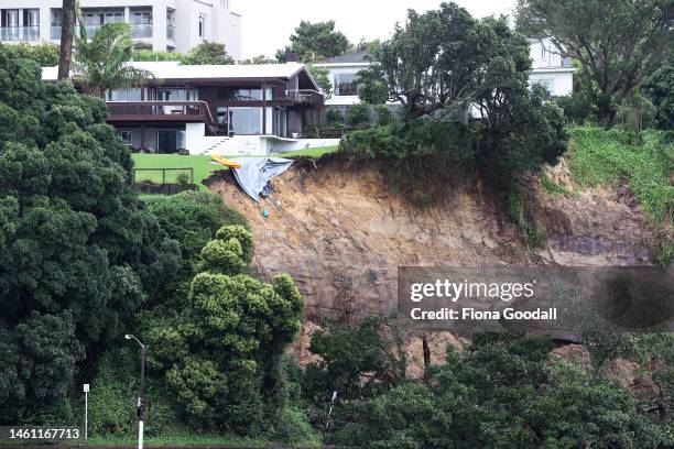 Large slip on the cliffs below Parnell make houses unsafe on February 01, 2023 in Auckland, New Zealand. New Zealand's largest city, Auckland, was...