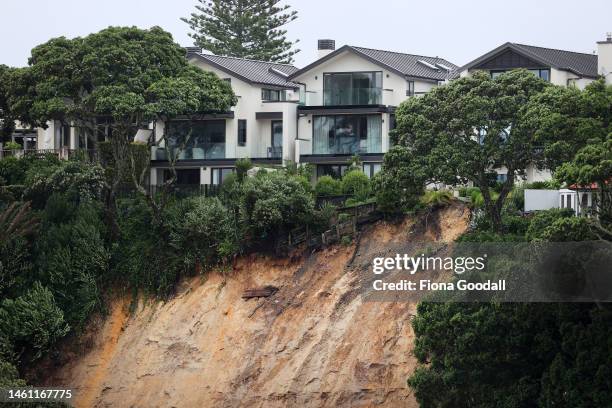 Large slip on the cliffs below Parnell make houses unsafe on February 01, 2023 in Auckland, New Zealand. New Zealand's largest city, Auckland, was...
