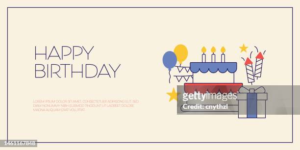 ilustrações, clipart, desenhos animados e ícones de feliz aniversário relacionado design com ícones de linha. festa, celebração, bolo de aniversário, felicidade, evento. - happy birthday