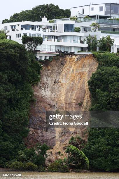 Large slip on the cliffs below Parnell make houses unsafe on February 01, 2023 in Auckland, New Zealand. New Zealand's largest city, Auckland, was...