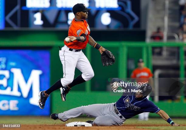 Shortstop Jose Reyes of the Miami Marlins turns a double play as Sean Rodriguez of the Tampa Bay Rays tries to break it up during the interleague...