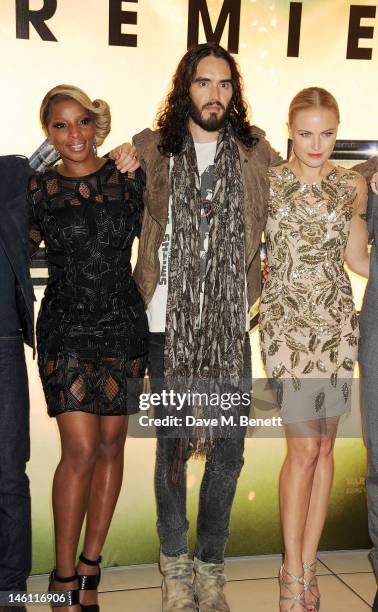 Actors Mary J Blige, Russell Brand and Malin Akerman attend the European Premiere of 'Rock Of Ages' at Odeon Leicester Square on June 10, 2012 in...