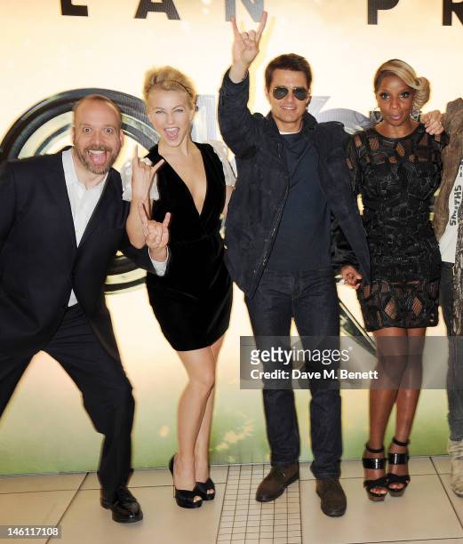 Actors Paul Giamatti, Julianne Hough, Tom Cruise and Mary J Blige attend the European Premiere of 'Rock Of Ages' at Odeon Leicester Square on June...