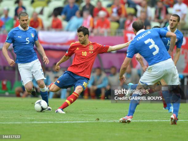 Spanish midfielder Cesc Fabregas kicks the ball during the Euro 2012 championships football match Spain vs Italy on June 10, 2012 at the Gdansk...