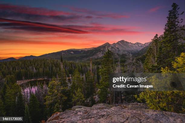 rocky mountain wilderness sunset scene - estes park stock pictures, royalty-free photos & images