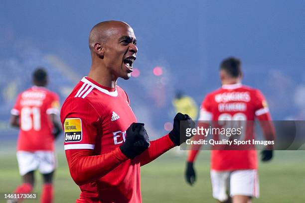 Joao Mario of SL Benfica celebrates after scoring his team's second goal during the Liga Portugal Bwin match between FC Arouca and SL Benfica at...