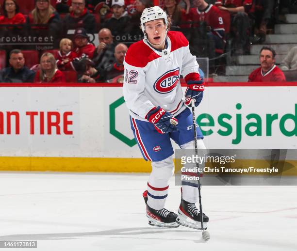 Owen Beck of the Montreal Canadiens skates against the Ottawa Senators at Canadian Tire Centre on January 28, 2023 in Ottawa, Ontario, Canada.